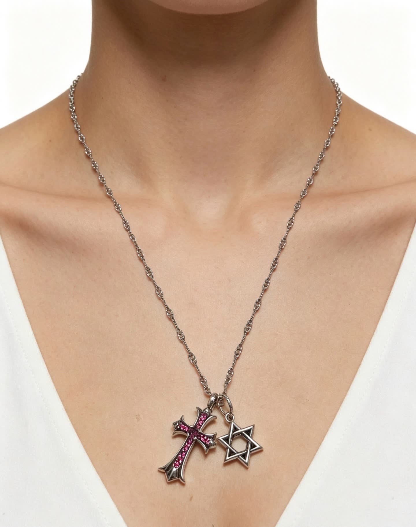 Chrome Hearts Silver Cross and Star of David Charm Necklace